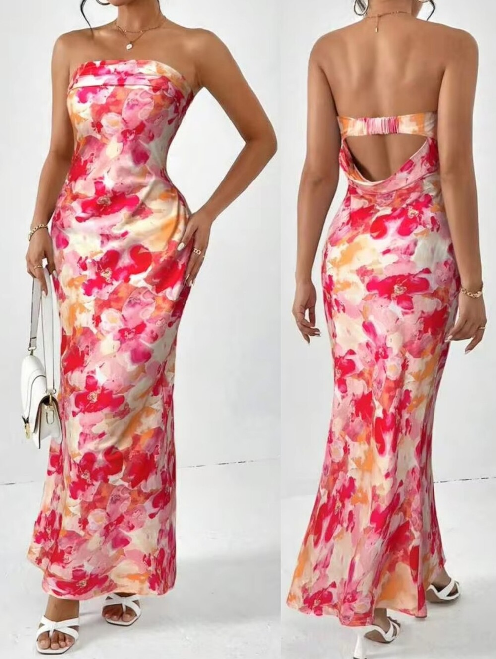 SHEIN M Strapless Backless Vibrant Floral Maxi Dress 4050-